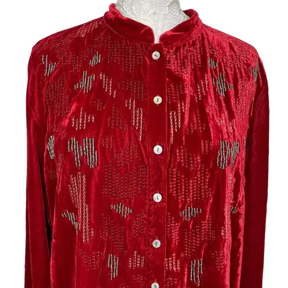 Sundance Velvet Embroidered Beaded Button Up Tunic Red Women Medium - Picture 4 of 9